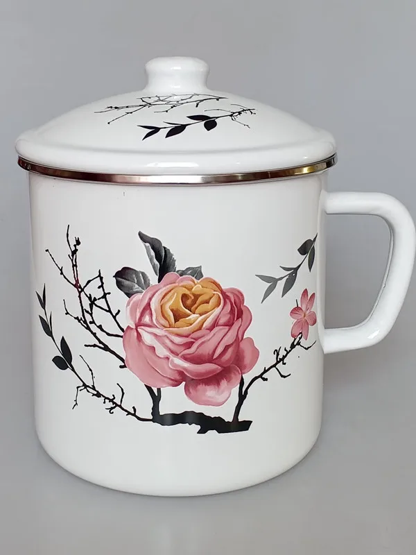 

Thiened Large Enamel Cup with Lid Soup Cup Instant Noodles Enamel Tea Pot Retro Enamel Milk Cup Heatable Tea Cup Cotail Cup