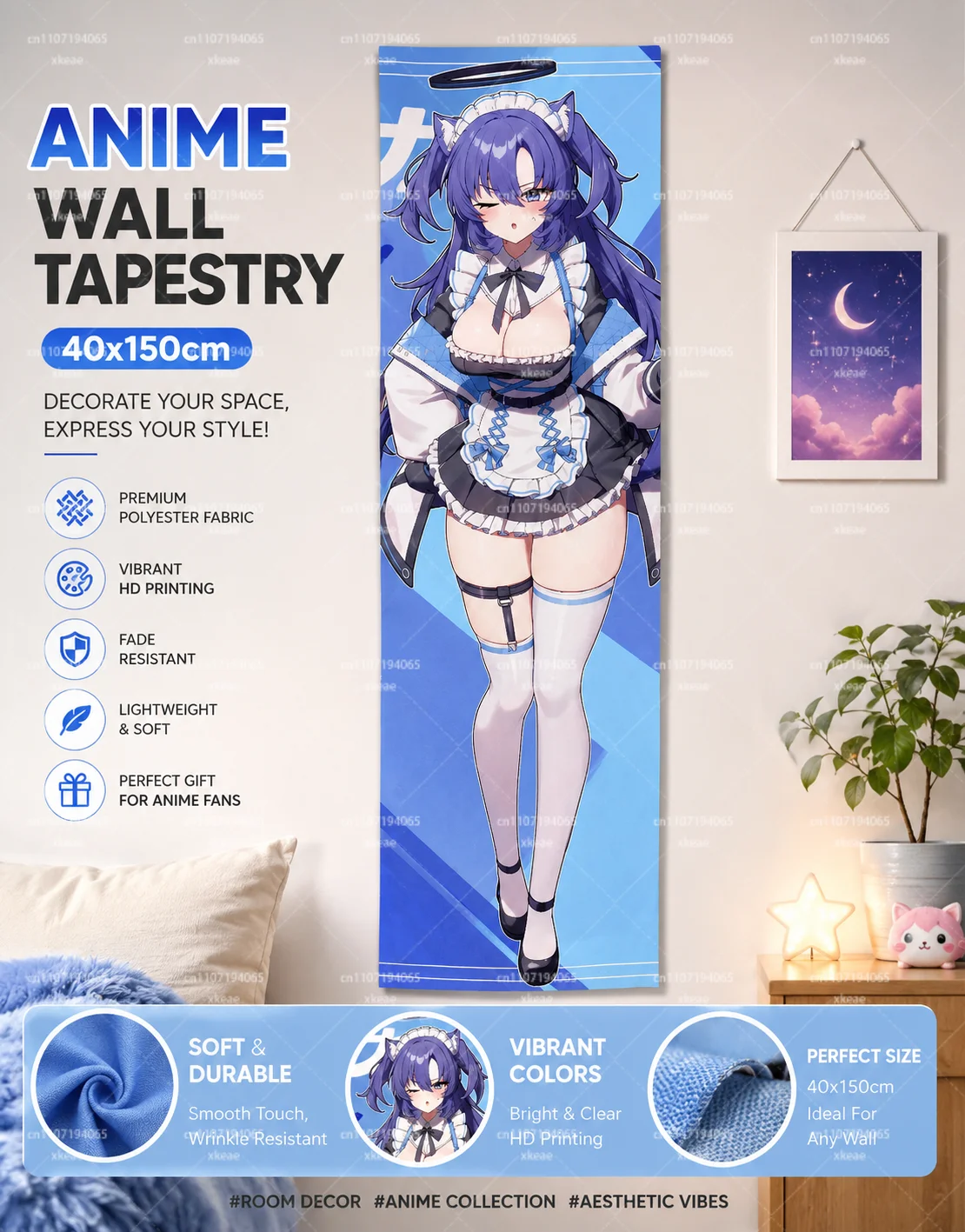 Purple Hair Cat Ear Maid Angel Anime Vertical Tapestry, Blue Gradient Background Long Wall Hanging Bedroom Decor