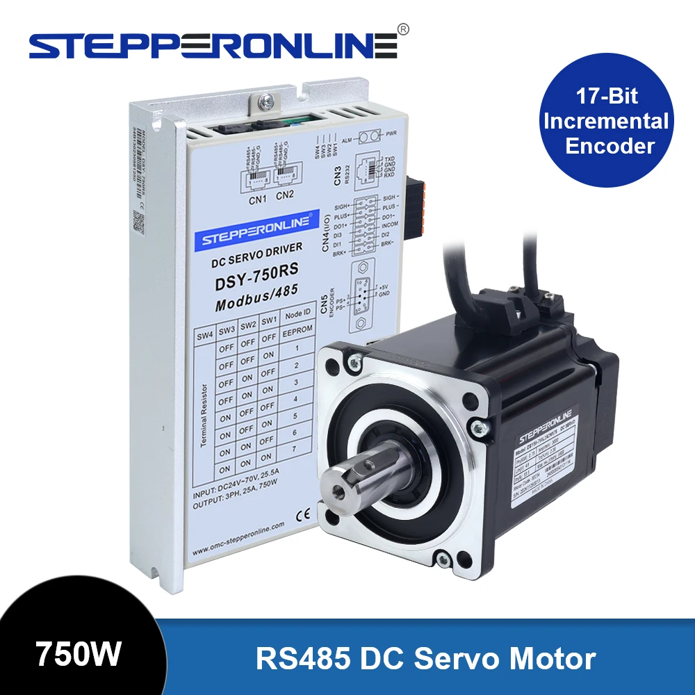 STEPPERONLINE DSY Series 750W RS485 DC Servo Motor Kit 24-70VDC 2.39Nm 3000RPM with Servo Driver 17-Bit Incremental Encoder IP65