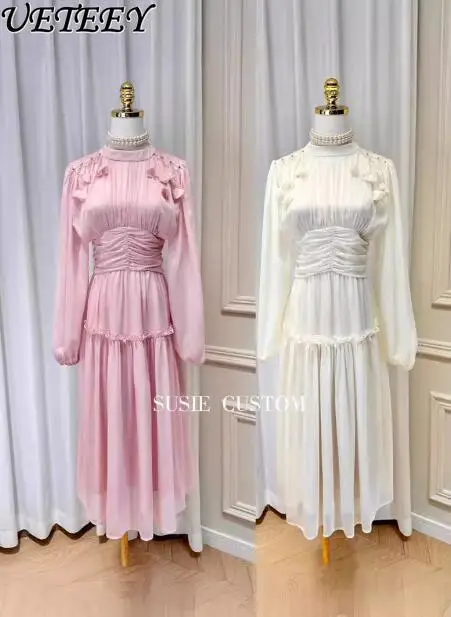 

2024 Spring Summer New Round Neck Long Sleeve Maxi Dress Flower Socialite Temperament Commute High Waist Pink Long Dress Female