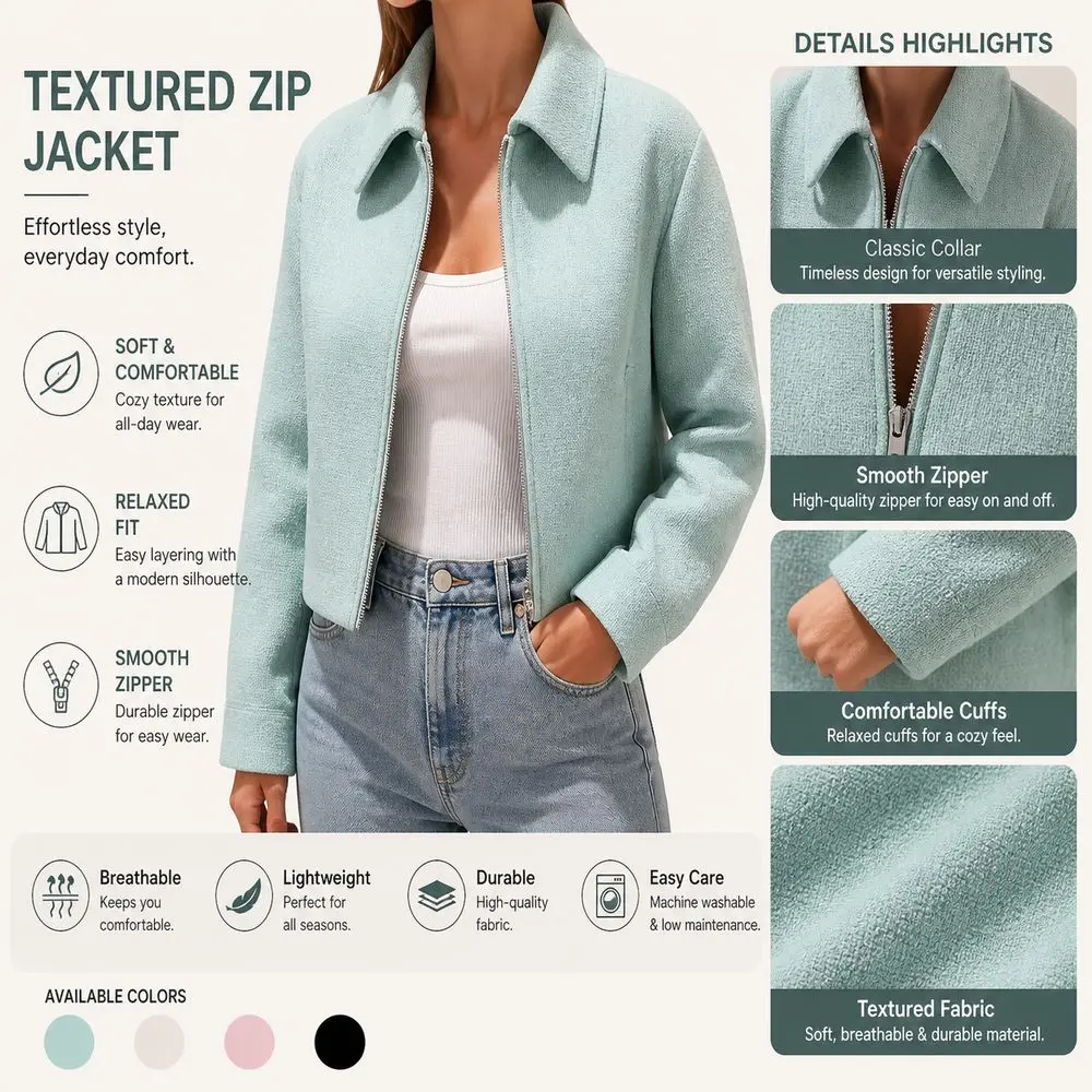 Textured Finish Cropped Jacket Zip Front Turn-Down Collar Zip Front Jacket Relaxed Fit Cropped Silhouette Textured Jacket