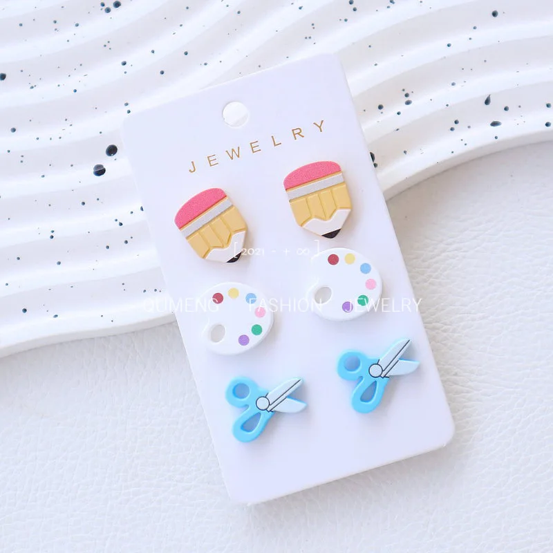 3 Pairs Card Back to School Apple Pencil Graduation Season Teacher's Day Wood Printing Stud Earrings Collection Jewelry Women