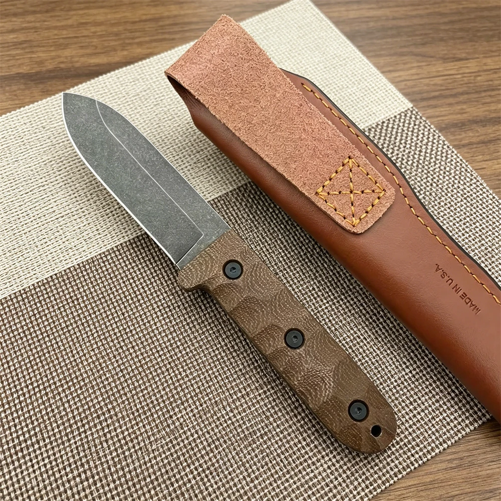 

Outdoor Survival Fixed Blade Knife, D2 Steel Blade, Linen Micarta Handle with Cowhide Sheath, Camping EDC Gear for Hiking Tools