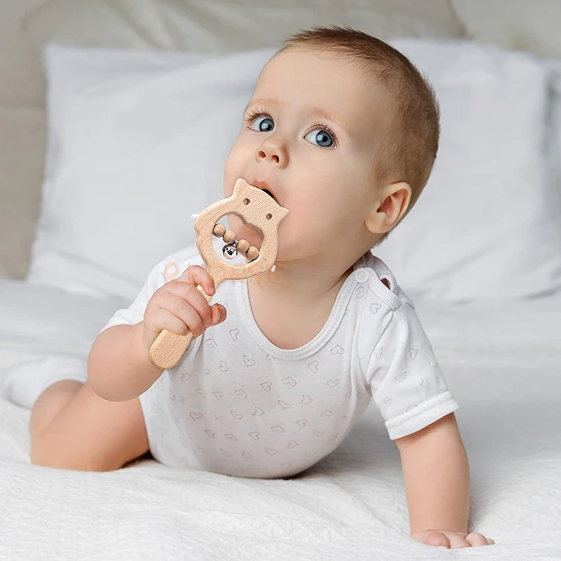 Anneau de dentition en bois 4 pièces, jouet sensoriel de style Montessori pour cadeau d'anniversaire