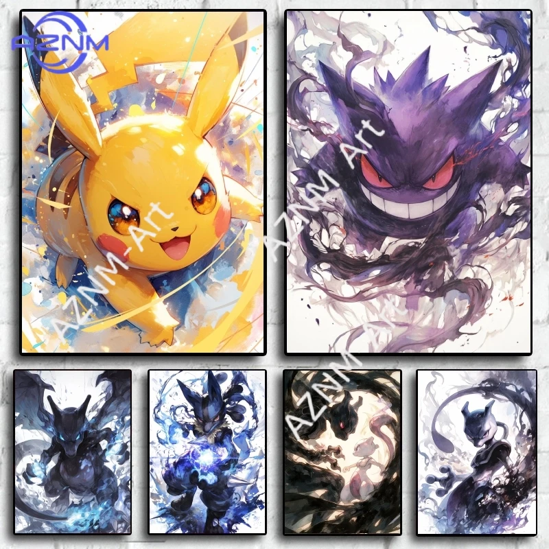 Peintures décoratives à l'aquarelle Pokémon Pikachu Gengar, art unique pour chambre à coucher, salon, décoration mystérieuse pour les amateurs d'anime