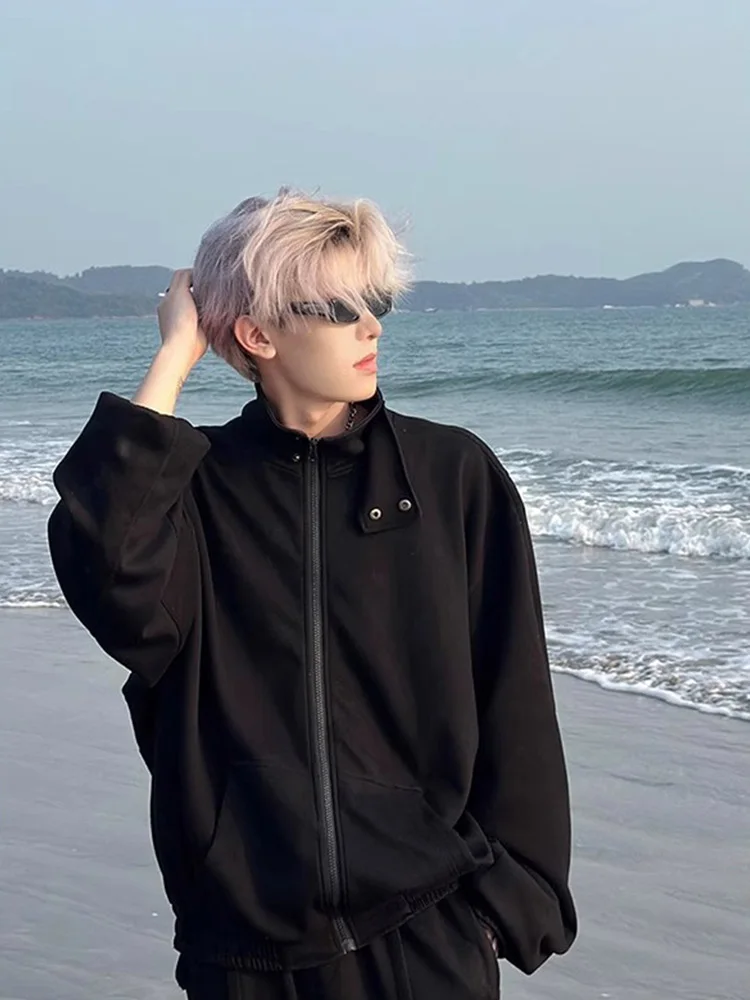 Trendy Korean Sle Oversized Cardigan Sweatirt Men's Autumn Winter High-End Loose Outerwear American Stand Collar Jaet