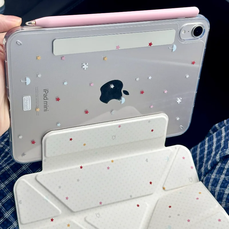 Ins Polka Dots Colorful Star Umberlla Y2K Cute For iPad Case iPad 10 9 8 7 Air 5 4 3 2 Pro 11 Mini Three Fold Transparent Cover