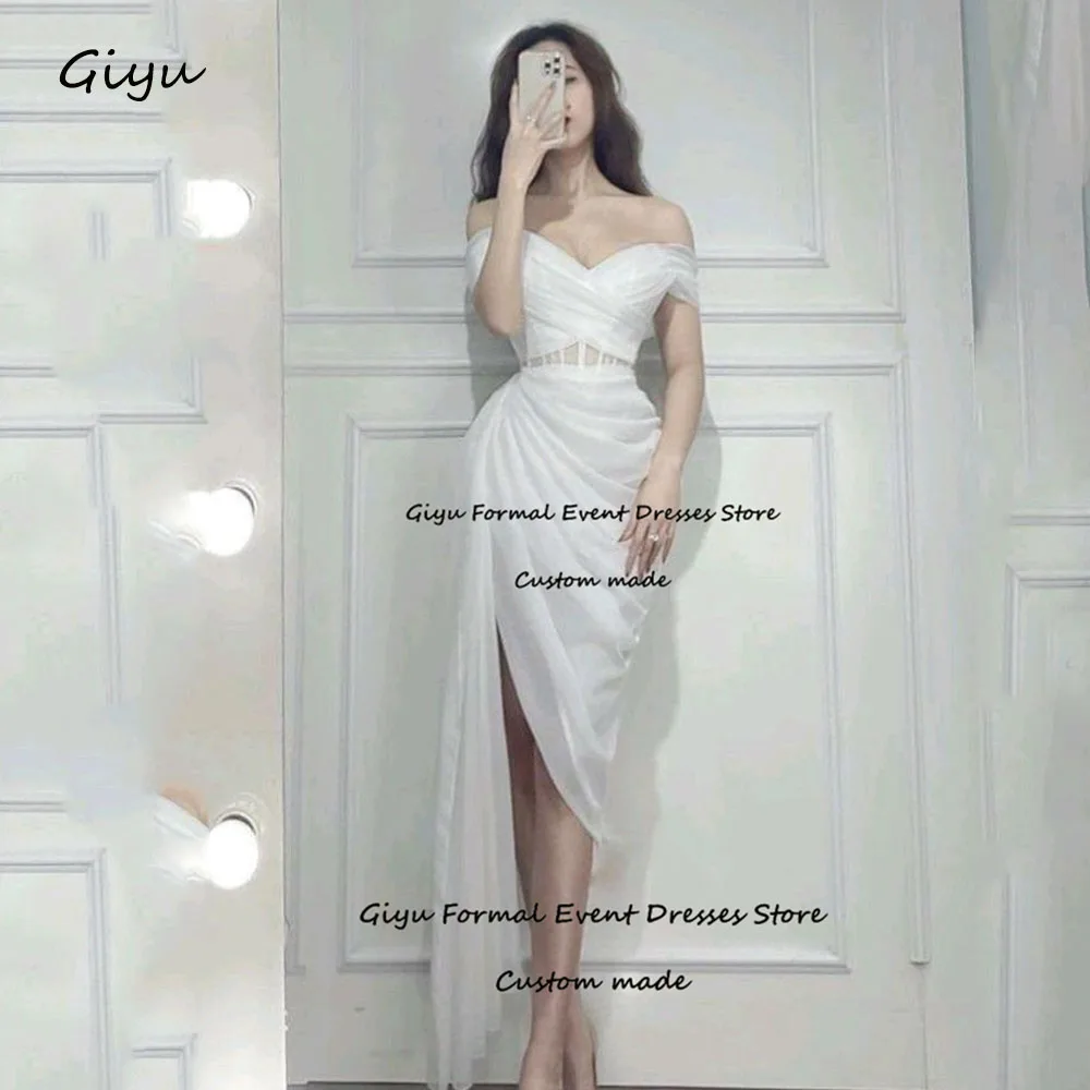 

Giyu Elegant Pleat Korea Wedding Dress Photoshoot Sweetheart Collar Tea-Length Vestidos Novias Boda Summer Dress 웨딩드레스