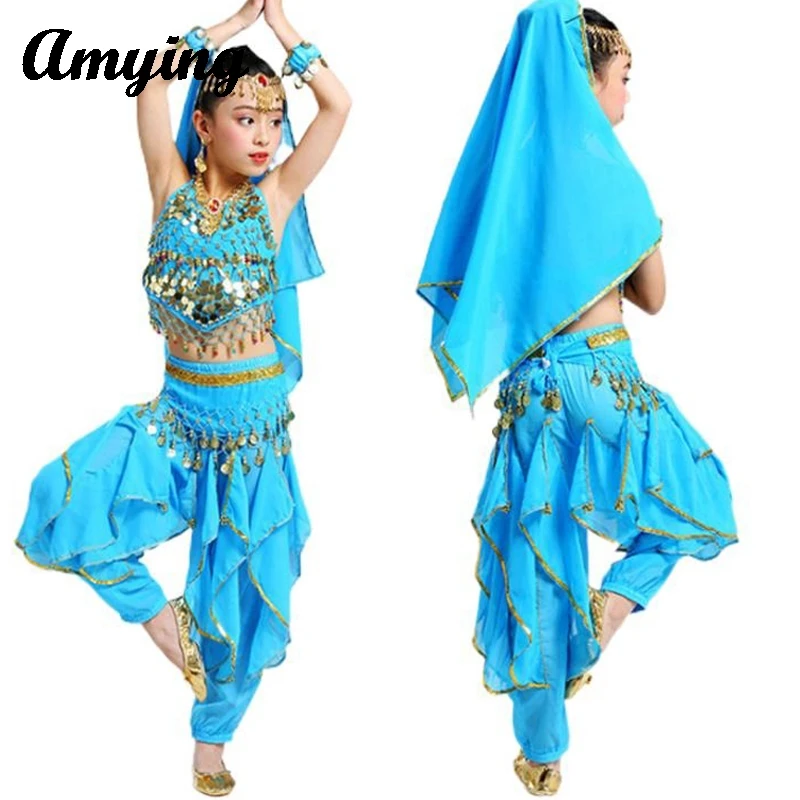 

3PCS Indian Belly Dance Practice Costume Set Girls Belly Pocket Top Swivel Pants Halloween Performance Outfit Princess Clothing