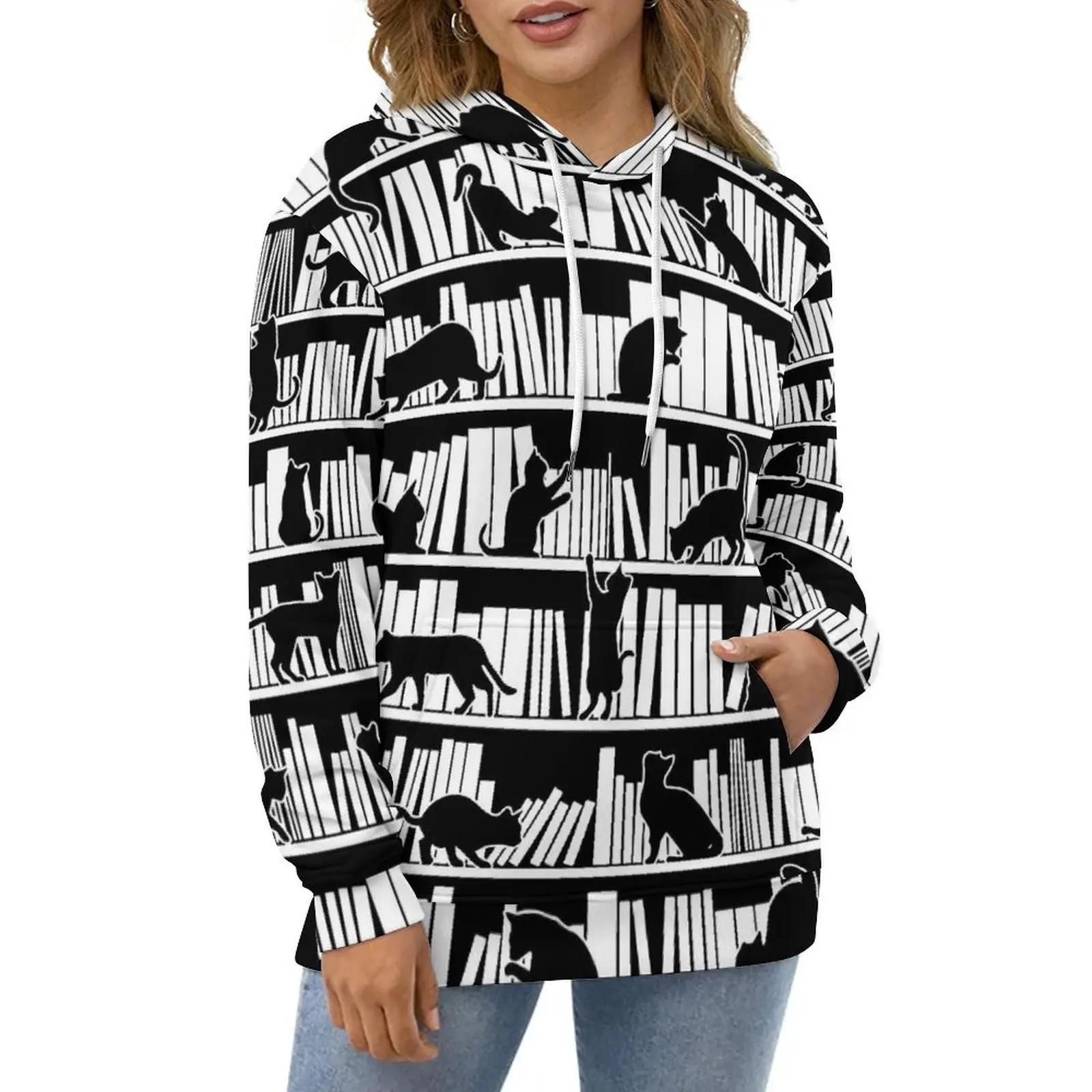 

Library Cat Casual Hoodies All I Need Is Books Y2k Custom Loose Hoodie Autumn Long Sleeve Classic Oversize Top