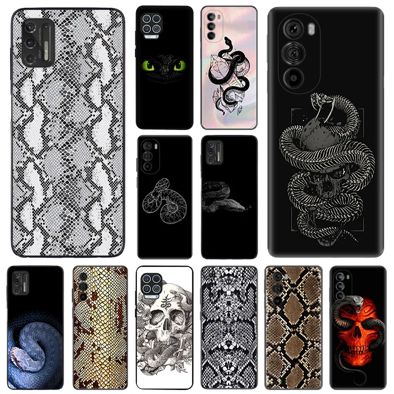 Matte Phone Cases for Motorola Moto G31 G50 G30 G51 G60 G71 G22 G32 G52 G72 G53 G73 G9 Plus Snake Skin Print Black Soft Cover