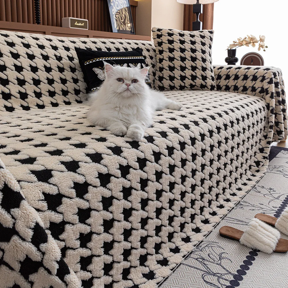 1pcs Solid Color Thousand Bird Grid Non-Slip Sofa Cover Anti-cat Scratch Seat Cushion Dustproof Chair Seat Pad