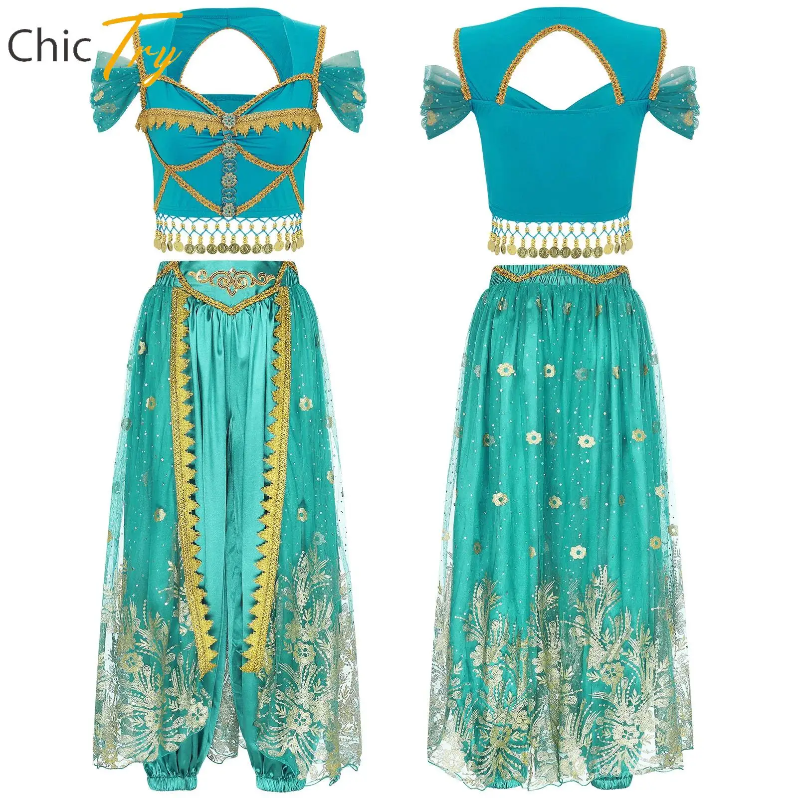 

Womens Belly Dance Outfits Sweetheart Short Sleeve Gold Tassel Crop Top And Satin Long Bloomers 2-piece Suit for Halloween Party