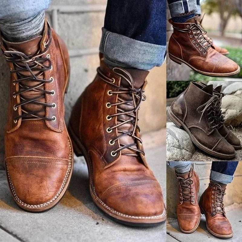 

Men's Brown Distressed Suede Lace-Up Ankle Boots Vintage Rugged Cap-Toe Boots Durable Outdoor Daily Casual Boots