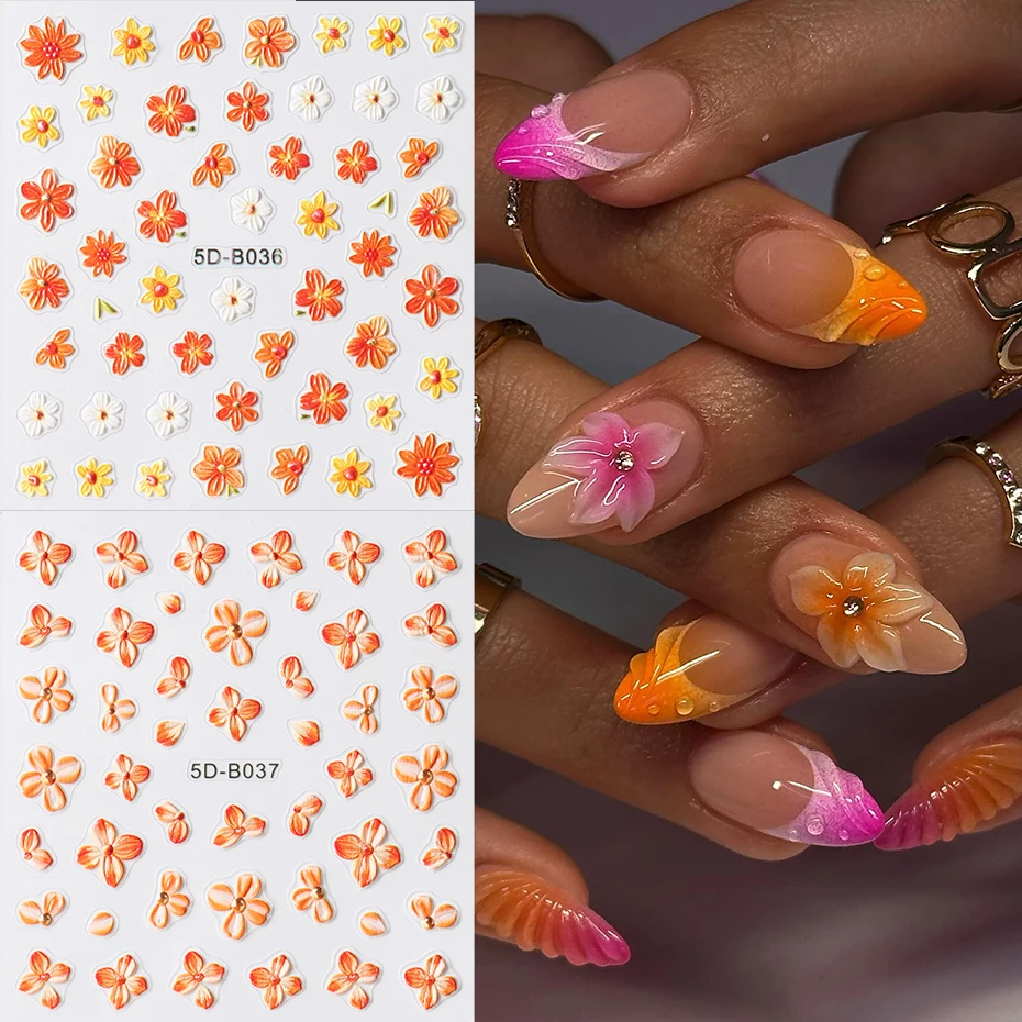 2pcs Orange Flower Nail Sticker Decals Charms Autumn Flowers Bloom Nail Art Adhesive Slider Decorations Accessories Manicure