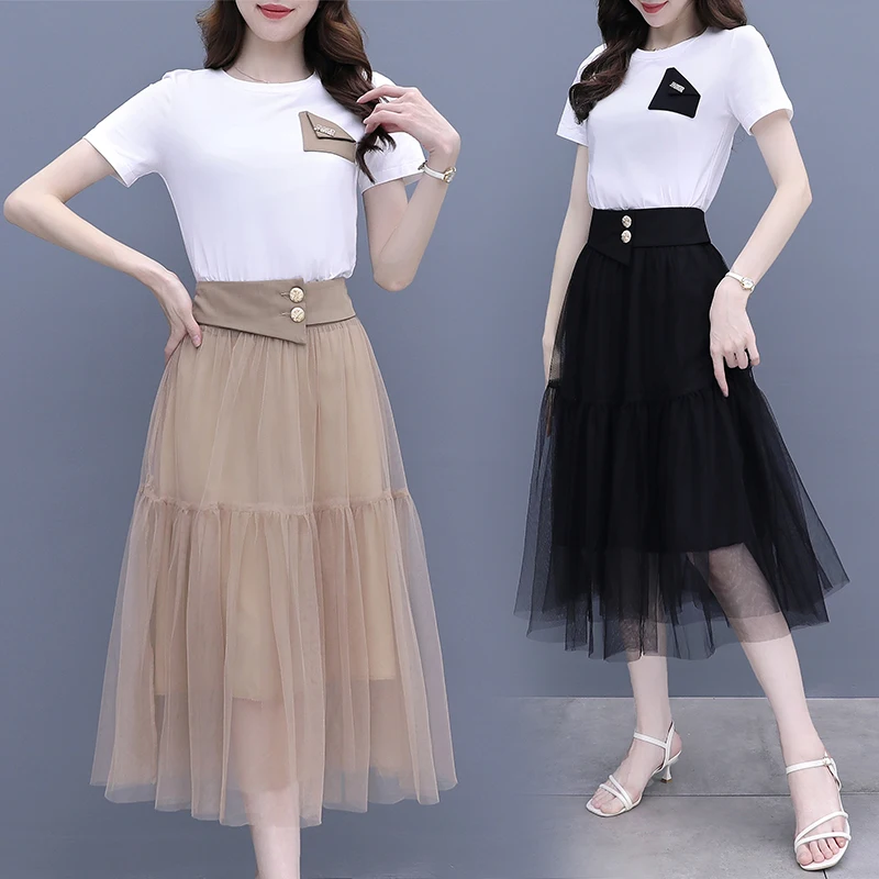 

Korean Loose Causal Women Sets 2024 Summer New Fashion Patchwork T-Shirt & Solid Mesh Skirt 2 Pieces Outfits High Quality