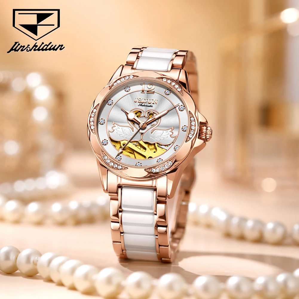 JSDUN 8831 Luxury Elegant Watches for Women Skeleton Automatic Mechanical Watch Sapphire Mirror 50M Waterproof Watches Gifts Box