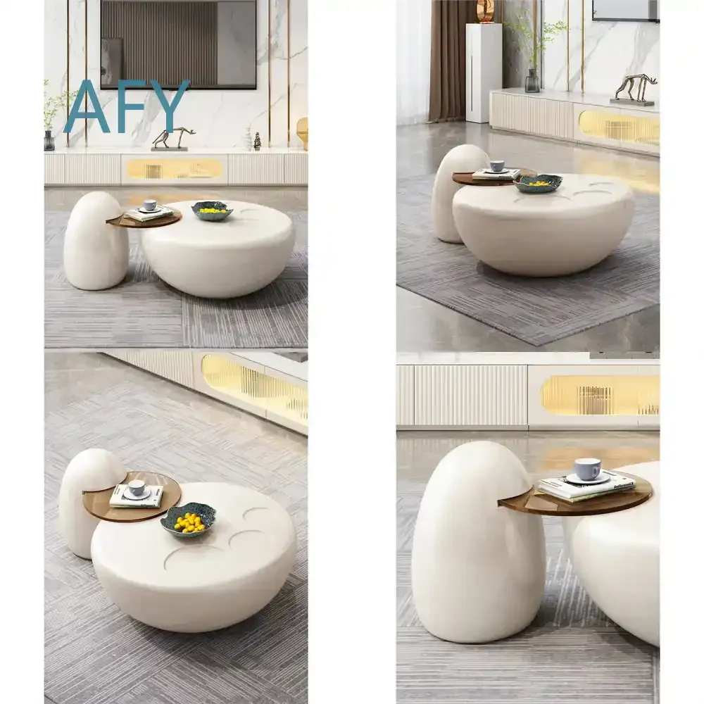 Creamy Cat Paw Coffee Table for Living Room French Style Light Luxury Lacquered Round and Oval Side Table Set for Modern Home