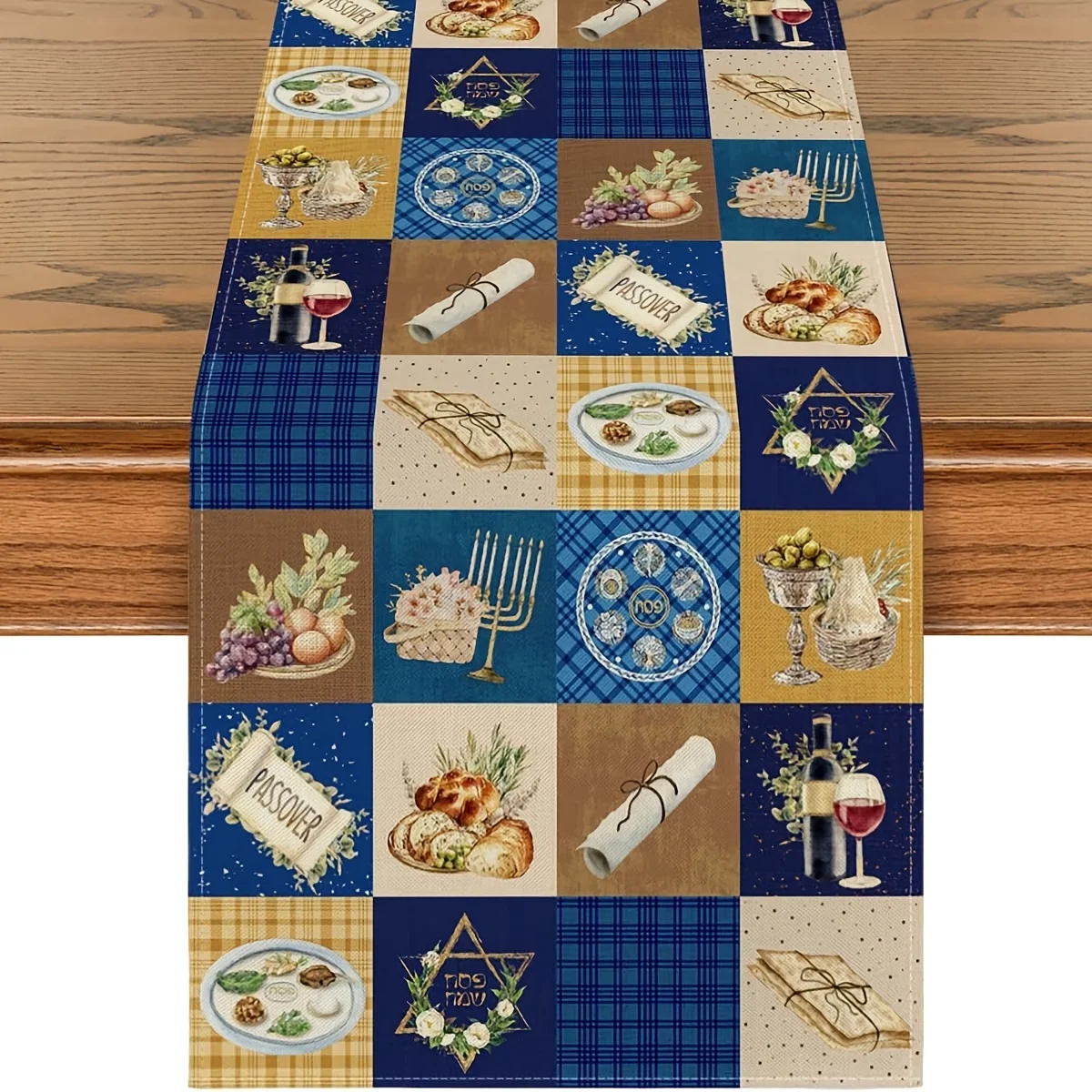 Blue Buffalo Plaid Stars Book Passover Table Runner, Retro Pesach Dining Table Decor for Home Party