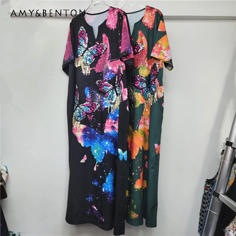 خريف جديد تصميم فريد Y2k Vestisos فستان نسائي فضفاض فراشة طباعة الترتر شرابة التخسيس عطلة نمط فساتين طويلة #1