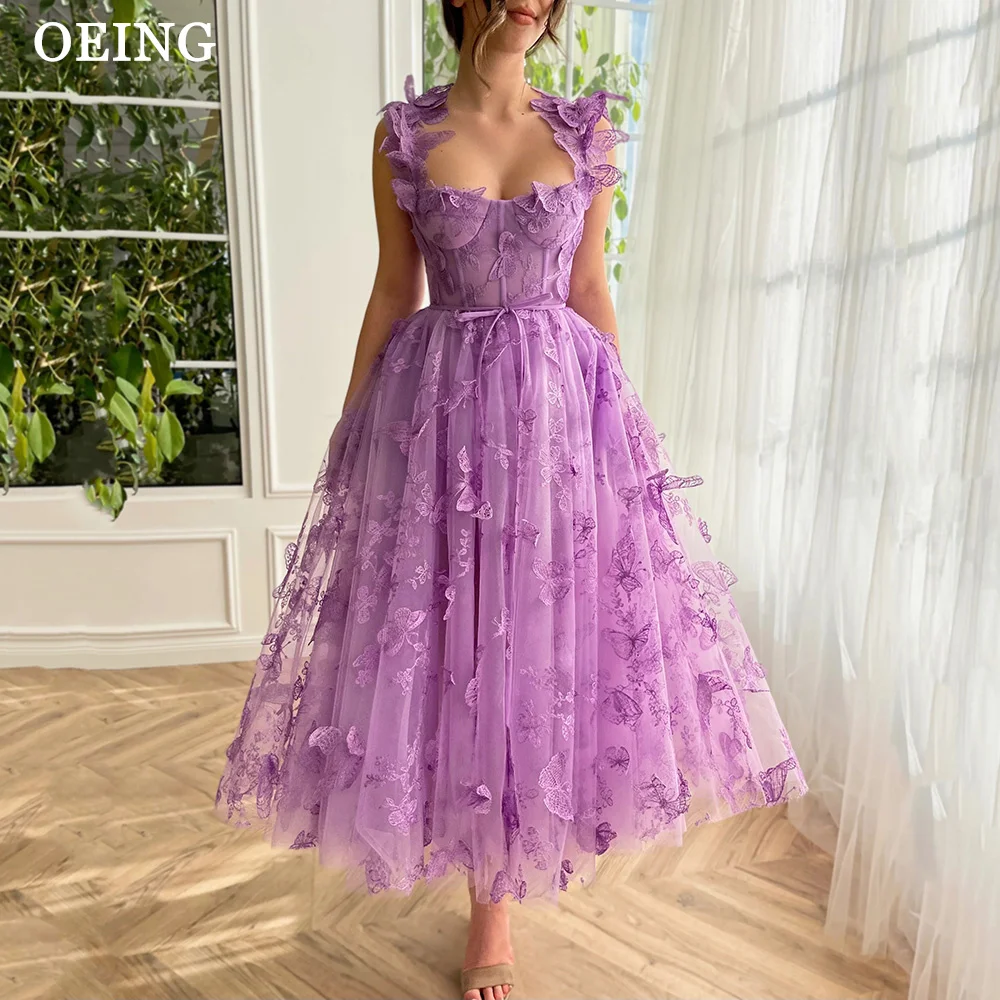 OEING Pastrol Purple Prom Dresses Fairy Spaghetti Strap 3D Butterfly Tea Length Party Dress For Women Lace Up Back Evening Gowns