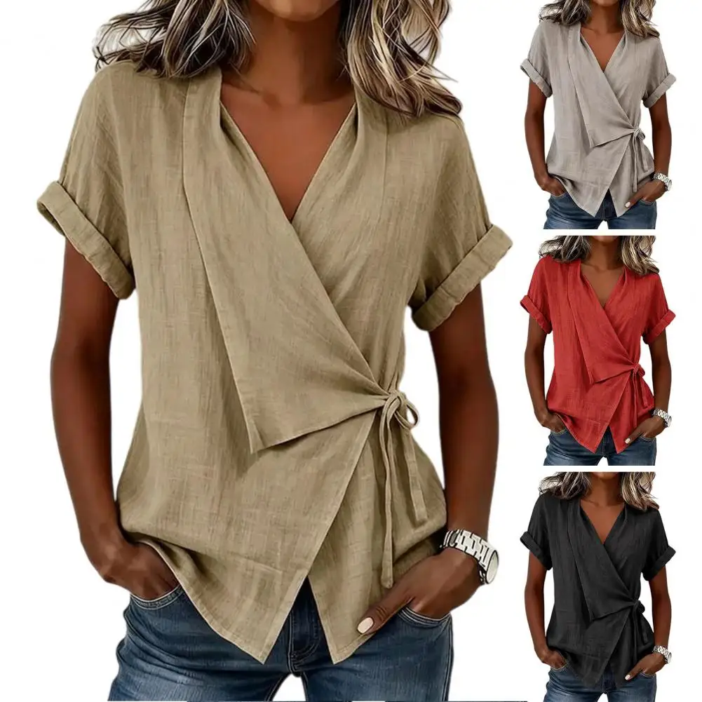 Women Vest Lapel V-Neck Sleeveless Shirt Tops Side Bandage Regular Fit Casual Tops For Work Parties Dates Vacation Loose Fit Tee
