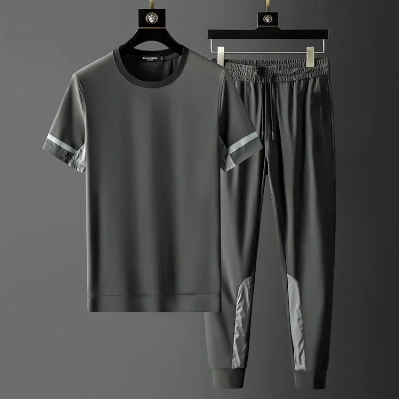 Men's Sets Summer O-Neck tshirts Thin Running Ice Silk Leisure Sports Harem Quick Drying Solid Stitching Leggings Tracksuit