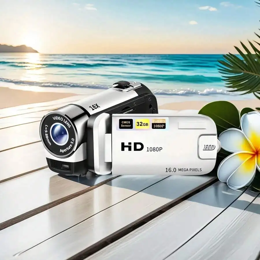 SEREE HD Wide Angle Camcorder With 270° Rotating Flip Screen, 16x Digital Zoom, 1080P Video, 2.4-Inch Display, 32GB Memory Card,