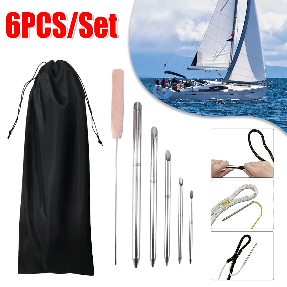 6pcs/set Professional Marine Rope Splicing Tool Kit Includes 5 Sizes Fids 1 Pusher for Fishing Sailing & Knot Tying Stainle