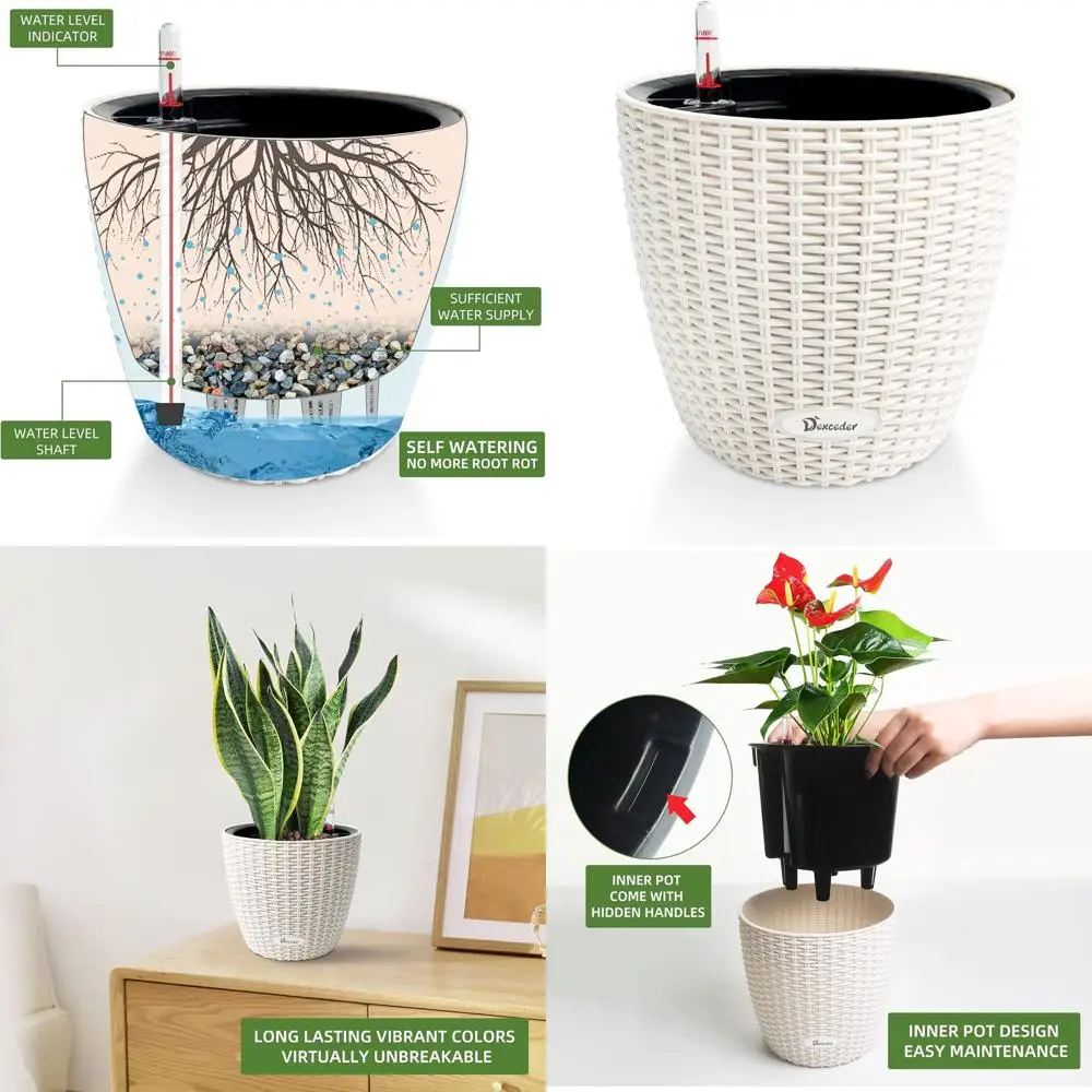 

Кашпо для полива в стиле ротанга 11x10 дюймов с внутренним горшком и индикатором уровня воды, подходит для использования в помещении и на улице (цвет слоновой кости)