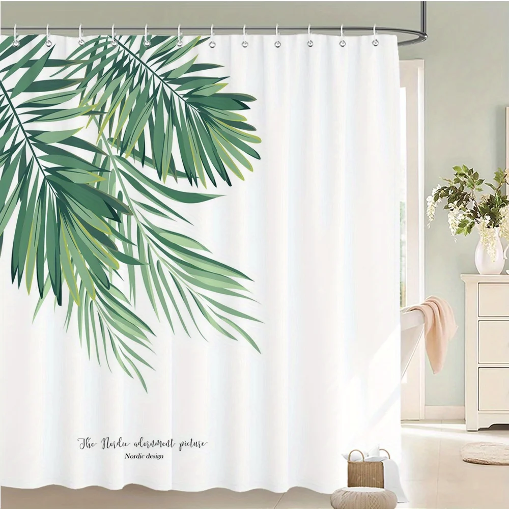 Tropical Palm Shower Curtain – Translucent Polyester, 12 Hooks, 70.8×70.8 in, Machine Washable, Nordic Spa Style