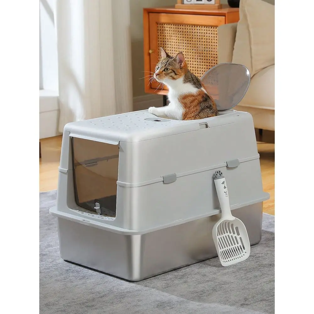 

Cat Litter Box Litter Box Cat Accessories96L Stainless Steel Cat Litter Box, Large Enclosed Litter Box With Front Top Entry, Non