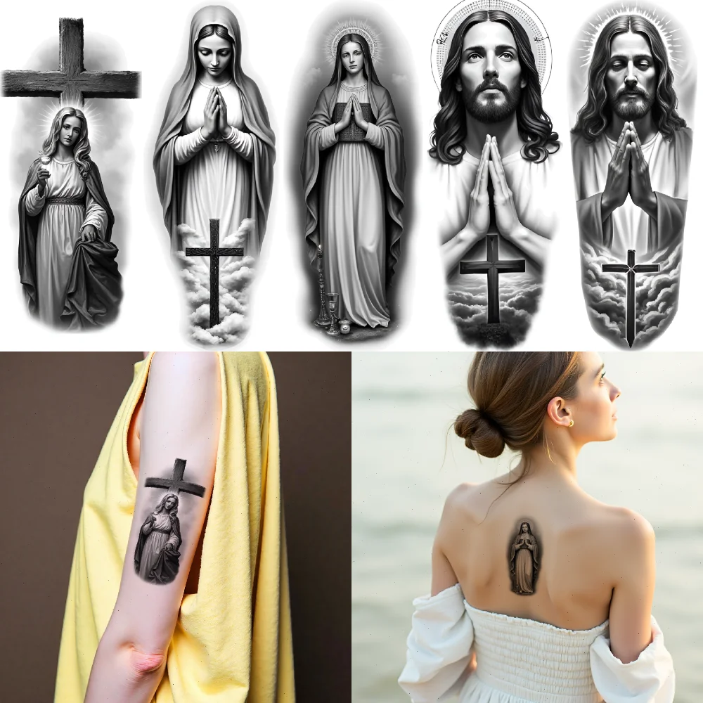 

12 шт., временные татуировки, крест, водонепроницаемые, долговечные наклейки для тела, молится Мэри, ангелы, черный и серый, реализм, Библия для женщин
