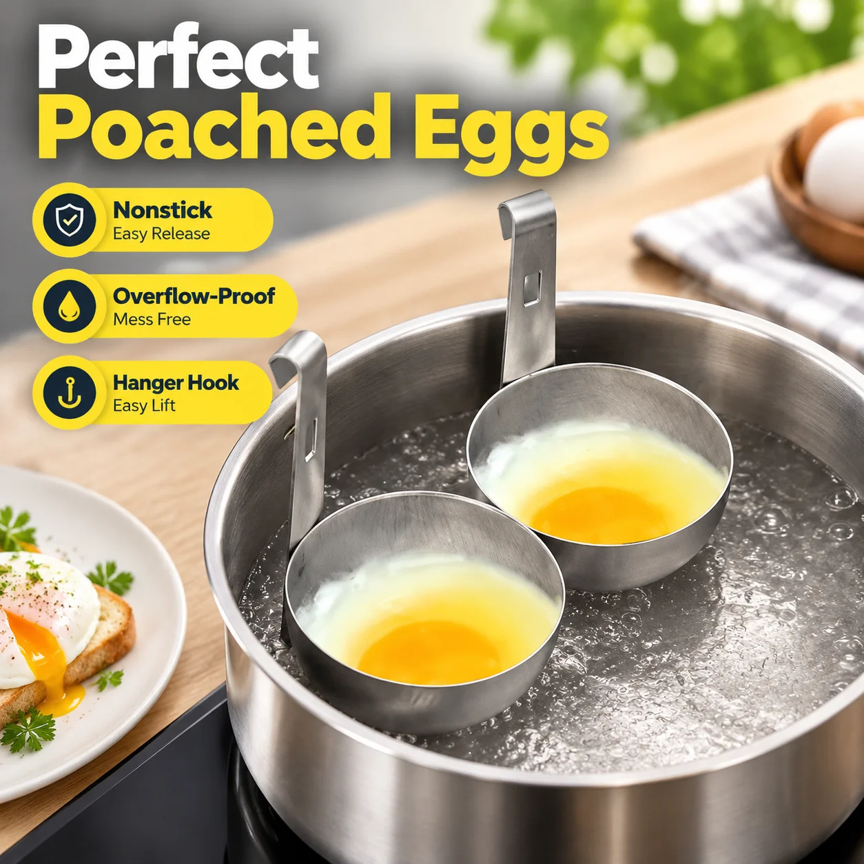 Stainless Steel Egg Poacher Insert, Nonstick Egg Boiling Mold with Hanger Hook, Overflow-Proof Pan Liner for Steaming