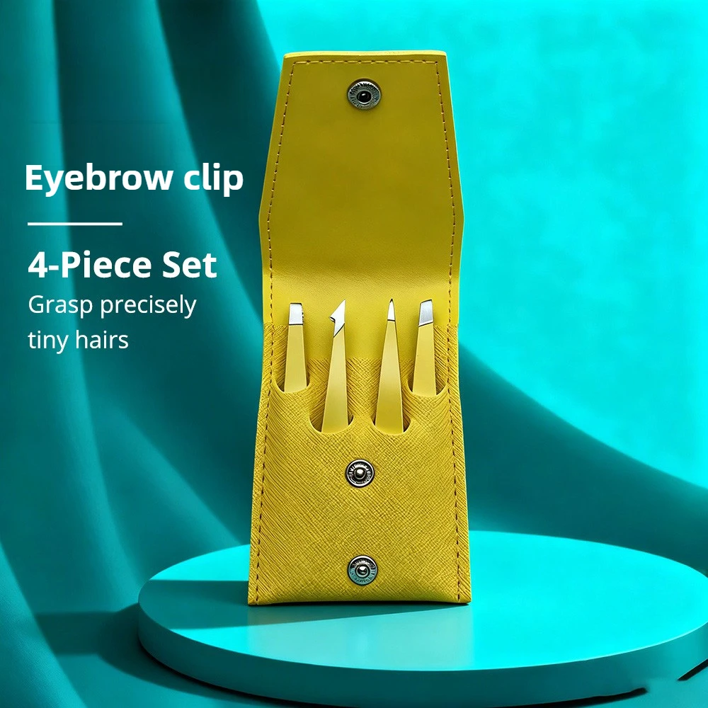 Conjunto profissional de pinças inclinadas de aço inoxidável, removedor de pelos faciais e sobrancelhas de alta precisão com pontas finas, estojo portátil