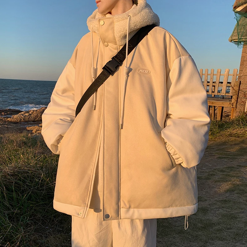 

Мужская зимняя утепленная куртка с капюшоном на флисовой подкладке, американское высококачественное хлопковое пальто с комбинированным дизайном, молодежная повседневная модная куртка на молнии