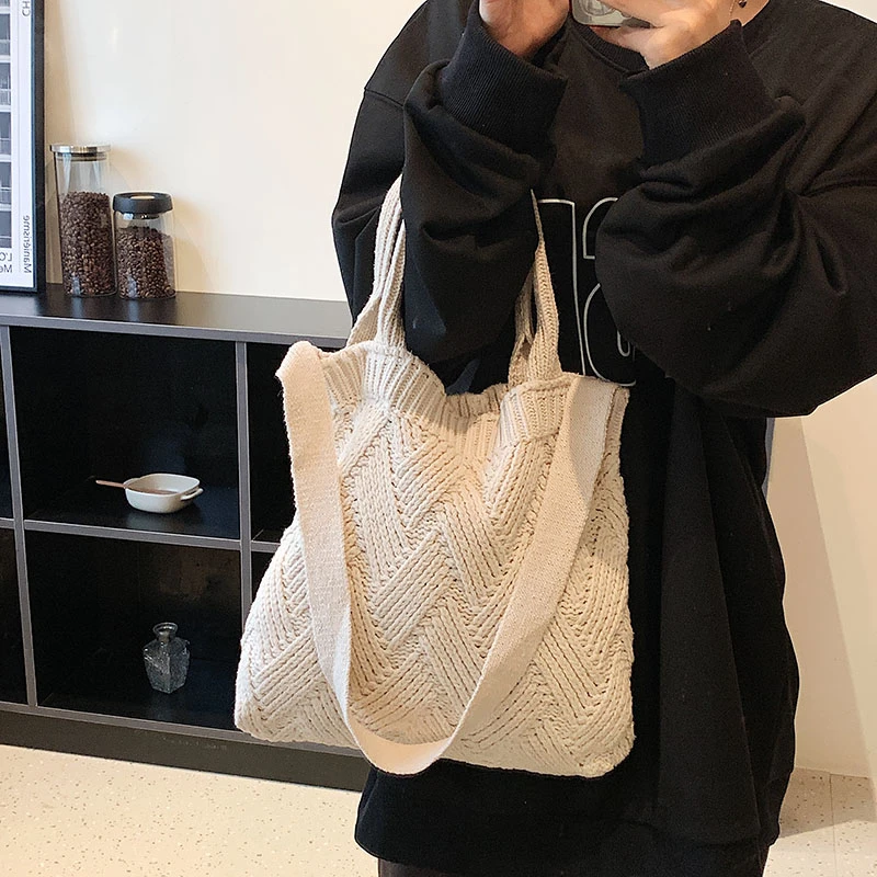 

Black Twist Knitted Bag Braid Shoulder Bags For Woman 2023 Crochet Rope Bag Y2K Shopper Eco Bag Korean Style Daily Tote Handbag