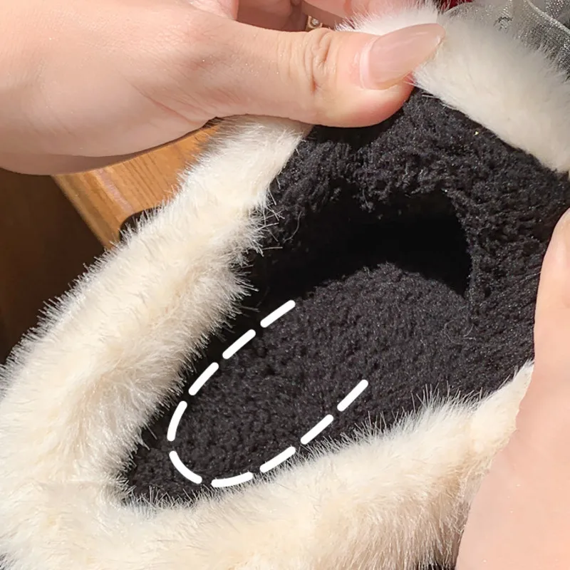 Furry Bow Women Slippers Fashion Ruffles Plush Warm Female Home Shoes Winter Soft Bottom Woman Indoor Slippers