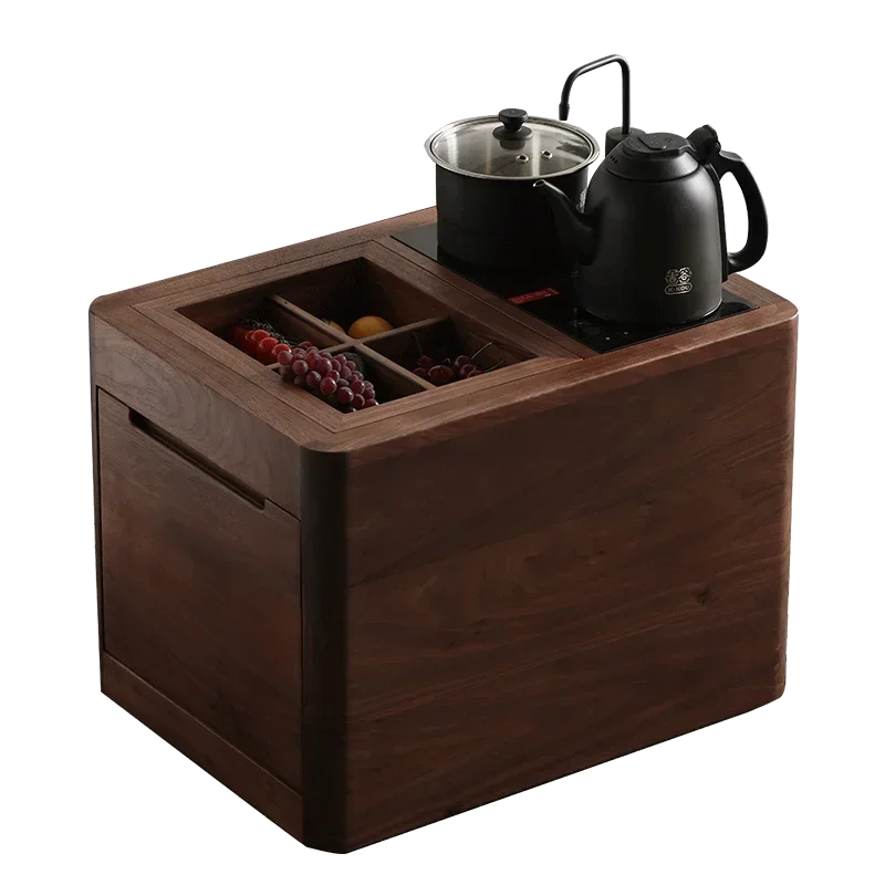 Handyman black walnut solid wood tea cabinet, kettle integrated, movable tea table side cabinet, locker, tea table side table s