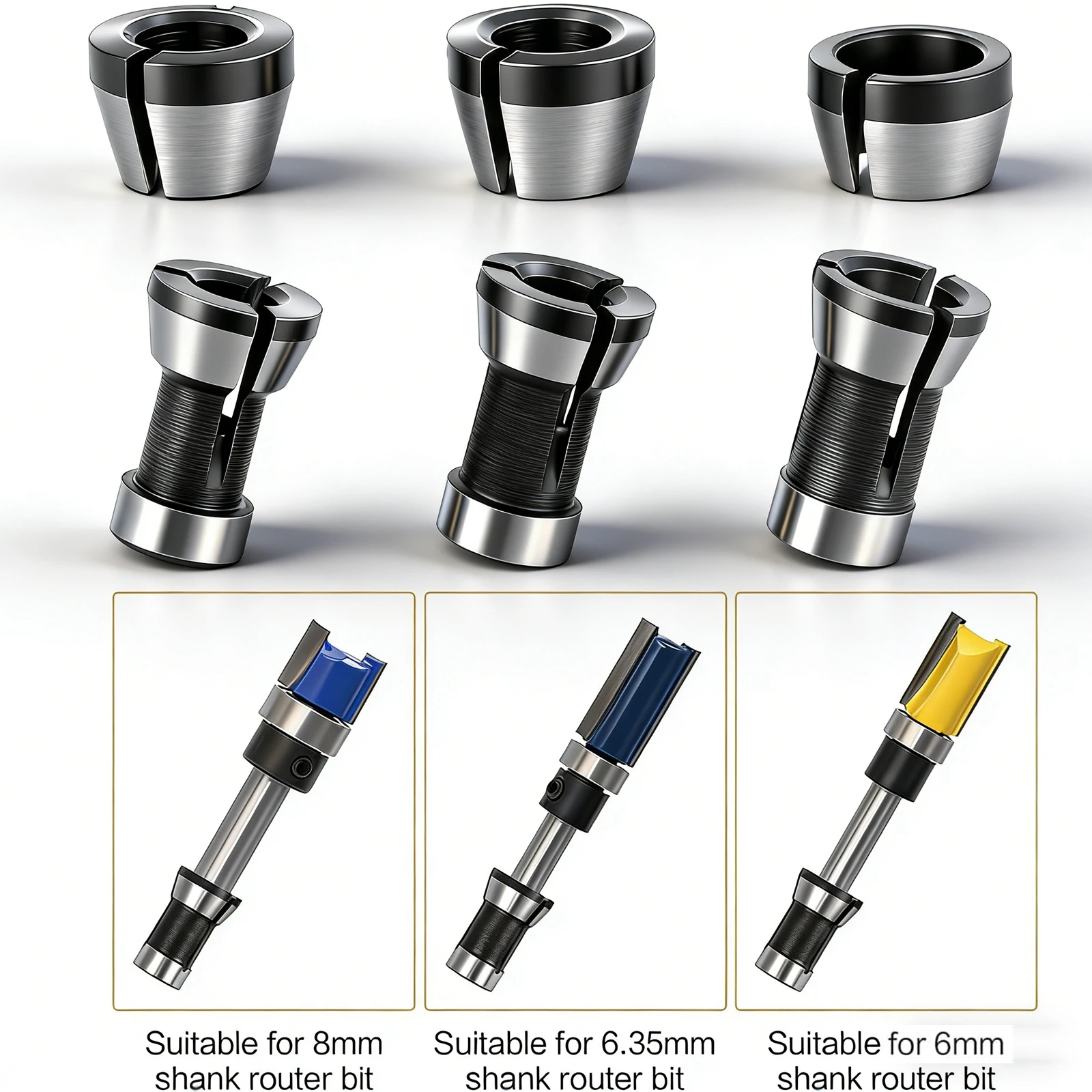 12/8pcs Trimmer Collet Adapter 6mm 6mm 6.35mm 8mm Router Bit Collet Chuck Clamping Adapter for Engraving Trimming Machine Electr