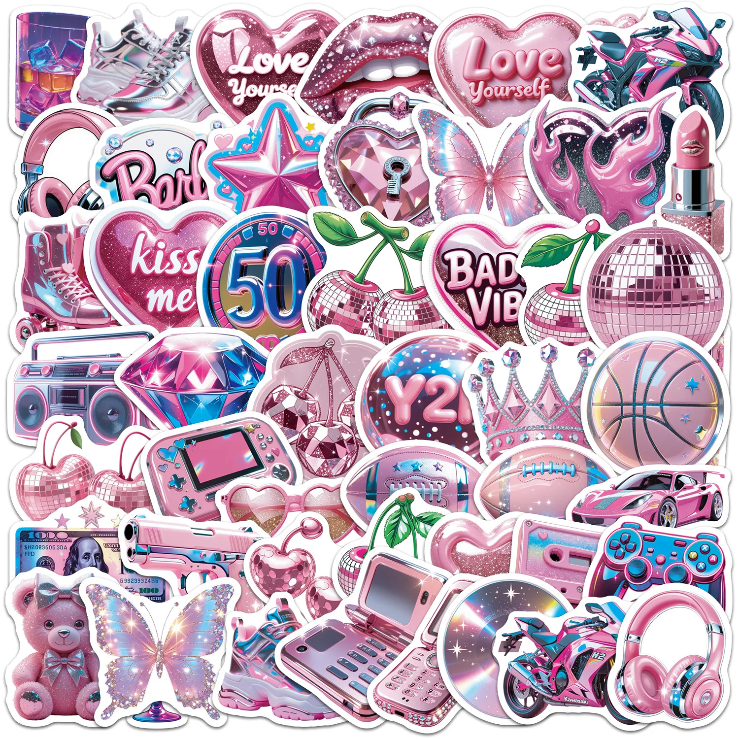 50 Stück Y2K Pink Series Graffiti-Aufkleber Dekoration für Gepäck, Handy, Gitarre, Scrapbook, Kühlschrank, Wasserfeste Aufkleber, Klassisches Kinderspielzeug