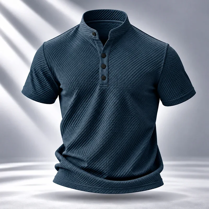 Stand Collar Mens Short Sleeve Tee Fine Workmanship Durable Stitching Premium Waffle Fabric For Travel Leisure Activities