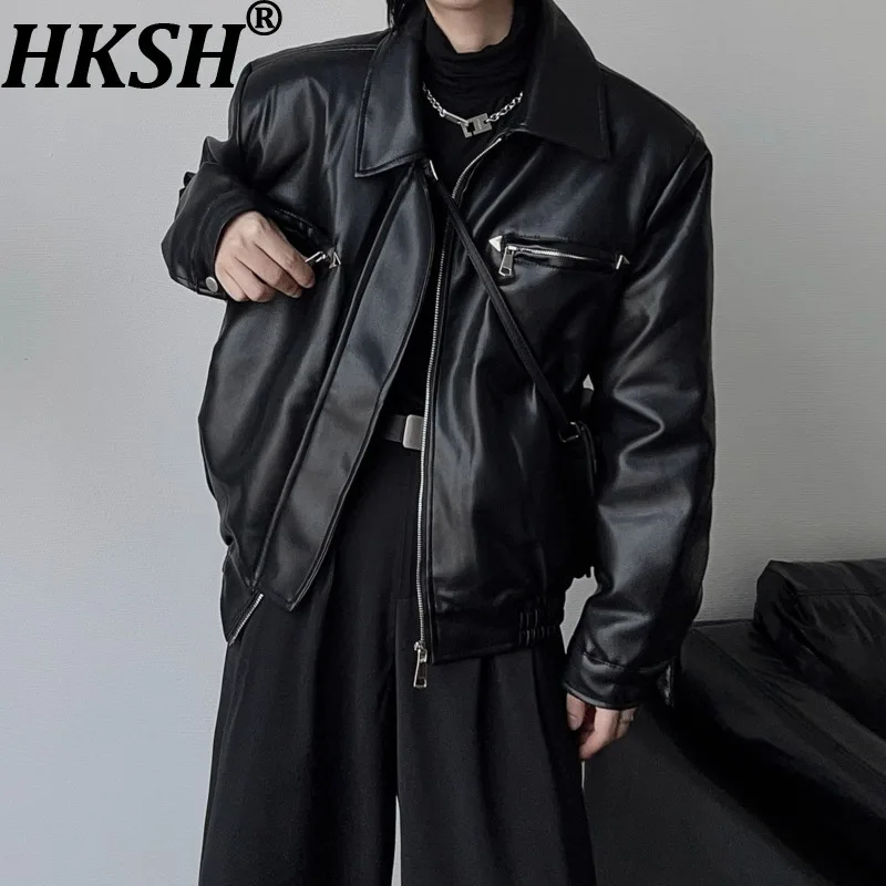 

HKSH Spring Autumn New Men American Dark Style High Street PU Leather Jacket Trendy Elegant Fashion Punk Moto Biker Coat HK15363