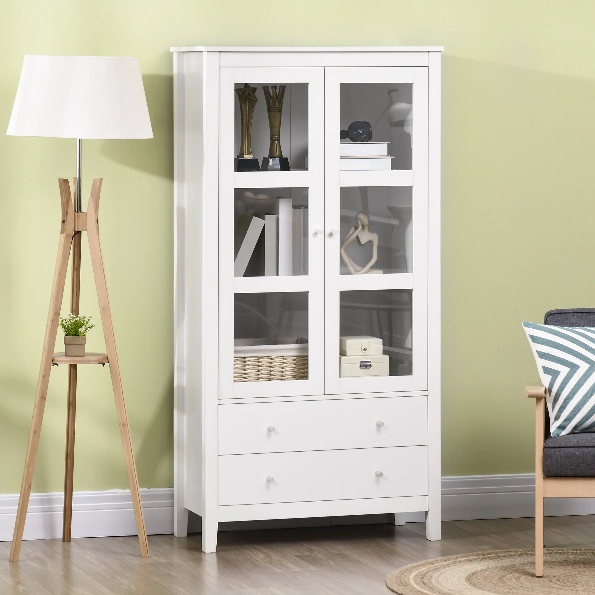 HOMCOM Vitrina de Salón con 2 Puertas de Vidrio 2 Cajones 80x40x160 cm Blanco