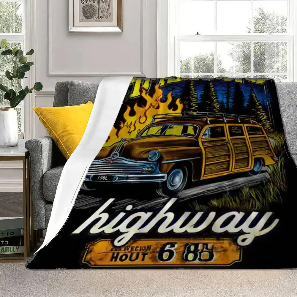 Retro Route 66 Design Flannel printed blanket suitable for all seasons suitable for living room office sofa and travel 180x250CM