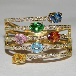 Huitan Multi Layer Design Luxury Ring Lady Party Jewelry Multiple Colored Oval Shaped Zirconia Stone Accessories for Anniversary