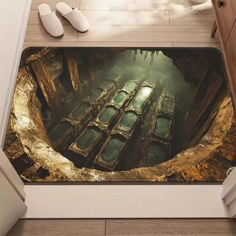 3D Optical Illusion Doormat Gothic Abyss Cave Raven Vintage Coffin Visual Effect Home Indoor Entrance Anti‑Slip Decor Floor Mat