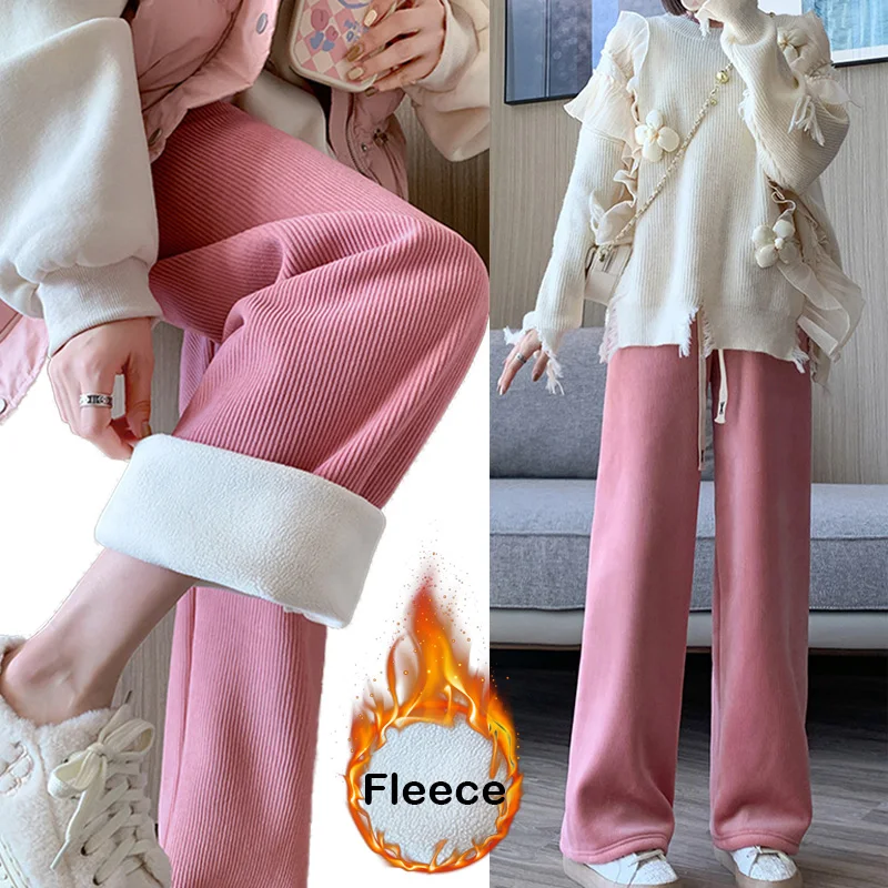 女性用フリースインナーパンツ,ベーシックな伸縮性ウエスト,ストレート,ワイドレッグ,カジュアル,ルーズフィット,冬,2022