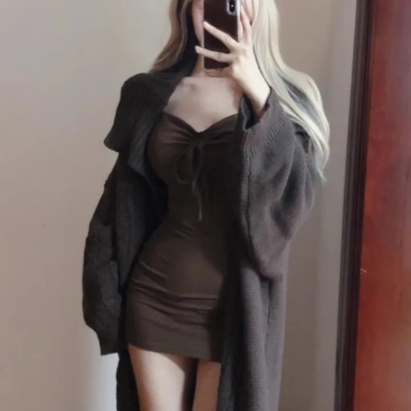 Sexy Dresses for Women Long Sleeve Solid High Street Young Girls Casual Korean Style Minimalist Autumn Winter Underwear Casual