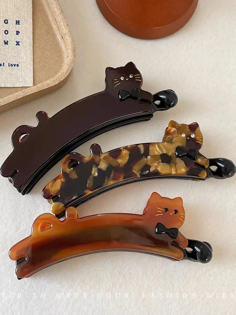 Korean-style cat-shaped acetate hair clip for women, back-of-the-head vertical clip, ponytail hairpin, high-end look banana clip